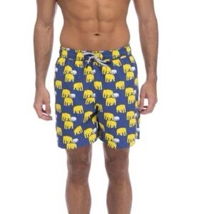 Tom & Teddy Men’s Swim Trunks Elephant Navy Yellow Size Medium Drawstring